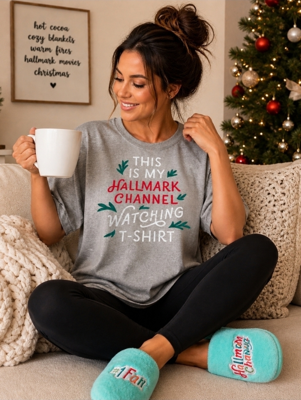 Hallmark Channel T-Shirt + Plush Slippers Set XXL Gray Cozy Lounge Gift Set